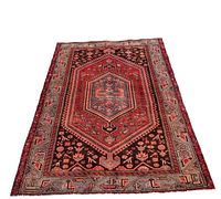 Full view of the rectangular Zanjan rug showing the central geometric medallion surrounded by red and navy fields and bordered by natural motifs of animals and boats.