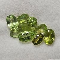 Seven loose faceted peridot gemstones on a white background showing color and cuts.