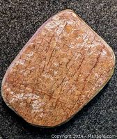 Close-up image showing a larger polished ammolite stone with an irregular shape and a cracked, iridescent surface with shades of brown and orange.