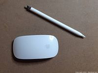 Apple Pencil and Magic Mouse placed on a brown surface; Apple Pencil shows Lightning connector end.