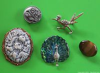 Photo showing all five brooches together on green background for overall identification and display.