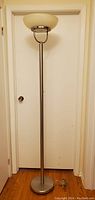 Tall floor lamp with brushed nickel pole and frosted glass shade, approximately 72.5 inches tall, 11 inch base diameter