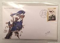 Front view of white envelope with large colored illustration of Lincoln's Sparrow on branch. Canada Post $0.80 stamp with postmark visible. Price sticker $2.25 on sleeve.