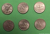Top and bottom view of six circulated US Statehood quarters all with 'D' mint mark on a green background. Includes Oklahoma (2008), Rhode Island (2001), Utah (2007), Vermont (2001), Virginia (2000), and Wyoming (2007).