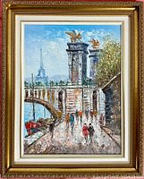 Front view of the framed oil painting showing a Paris street scene with the Eiffel Tower in the background and several people walking along a riverside bridge, vibrant in color with detailed brush strokes.