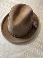 Exterior side angle of the light brown felt fedora hat showing chain and feather band.