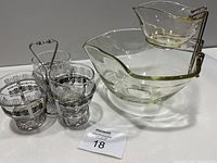 Photo showing full chip and dip bowl set with chrome holder and Libby trio tray with three glasses and vertical metal handle