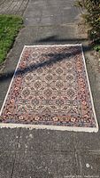 Full view of rug laid out on sidewalk showing overall pattern, shape, and condition