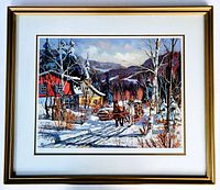 Full view of the framed lithographic print displaying the winter scene with horse and sled in vibrant colors.