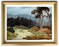 Front-facing view of the framed oil painting titled 'Rain'