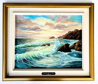 Frontal view of framed oil on canvas seascape with gold wood frame and metal title plate