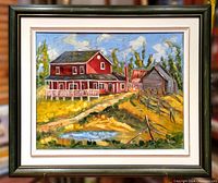 Framed oil painting showing a vibrant country home scene with red house, pond, fence, and fields under blue sky.