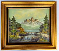 Front view of the framed oil painting showing landscape details and signature.