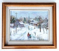 Frontal view of the oil on board painting showing the winter village scene with figures walking and vintage wood frame.