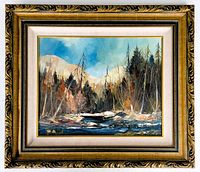 Frontal view of the framed oil painting showing the entire artwork with carved wood frame and matting.