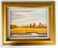 Frontal image of the oil on board painting in its gold-painted wooden frame showing the full prairie landscape and grain elevators.