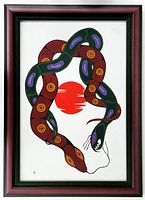 Straight-on photo of framed painting showing two intertwined snakes against a white background with red circular sun behind, in dark wood frame