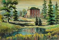 Close-up of watercolour painting showing detailed landscape with trees, brick house, and pond.