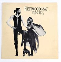Front cover of Fleetwood Mac Rumours vinyl album showing band members in black and white photo on beige background