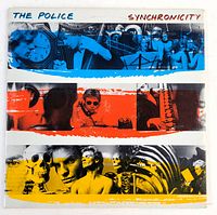 Front cover of The Police "Synchronicity" vinyl LP album showing collage artwork in blue, orange, and yellow tones with band members and symbolic images.