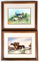 Photo of both watercolour paintings in matching frames showing the full lot