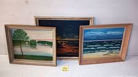 Photo of all three oil paintings together showing varied landscapes and seascapes with distinct frames