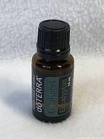 Front view of sealed DoTerra Eucalyptus essential oil bottle showing label and cap.