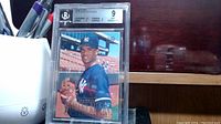 Front of the Mariano Rivera rookie card 1996 Ultra, showing player in Yankees uniform, graded 9 by Beckett.