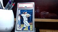 Front view of the 2020 Bo Bichette rookie card graded PSA 9 showing player in batting pose.