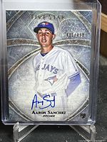 Front of the signed Aaron Sanchez baseball card showing his image in Toronto Blue Jays uniform, autographed in blue, with serial number 401/499.
