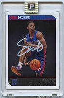 Front of Spencer Dinwiddie 2014-15 Hoops rookie card with silver autograph and encapsulation case.