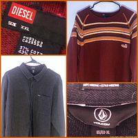 Collage showing Diesel brand label, fabric content tag, maroon Volcom striped sweater, and black Diesel button-up shirt on hangers.