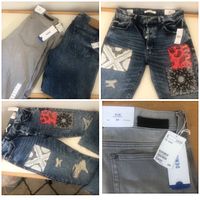 Two pairs of men's jeans displayed flat, showing front and back, tags visible