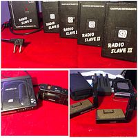 Photo showing multiple Radio Slave II units, compact CD player, Olympus camera, and assorted camera accessories laid out on red surface.