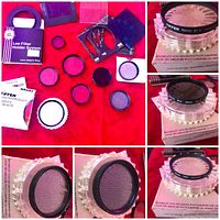 Full lot layout showing filter holder system box, multiple lens filters both circular and square, and packaging.