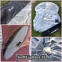 Close-up of Photek logo on black carrying case and showing folded white umbrella reflector fabric.