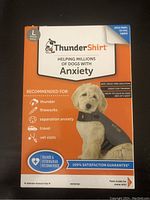 Front of box showing product name, image of dog wearing the ThunderShirt, and recommended uses for anxiety reduction.