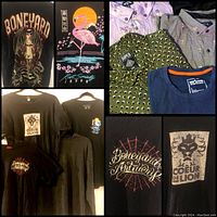 Overview collage showing various shirts including graphic tees and button-up shirts with distinctive prints and patterns