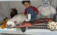 A group photo of all items including doll, plush toys, skateboard, and piggy bank on a shelf showing condition and variety.