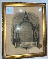 Overall view of framed Masonic certificate showing gold ornate frame and aged paper with Gothic architectural illustrations.