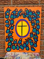 Full view of original acrylic painting with orange background, central yellow circle and bird motifs