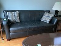 Front view of the dark brown leather couch with two throw pillows, showing the fixed seat cushion and armrests.