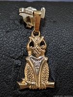 Close-up image showing detailed front view of 10K yellow gold owl pendant with a clear gemstone center on a black textured background.