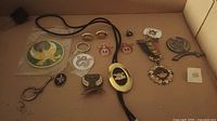 All 14 pieces including pins, medallions, bolo tie, keychain arranged on beige surface