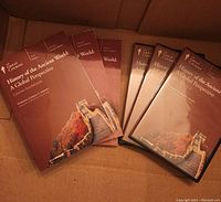 Two transcript books and a course guidebook along with five DVDs for The Great Courses series History of the Ancient World: A Global Perspective placed inside a cardboard box.