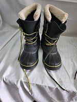 Front view of LL Bean women's boots showing black exterior, fur lining, and laces.