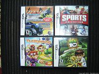 Photo showing four Nintendo DS game cases: ATV Double Value Monster Trucks, Sports Collection, Playground, and Ben 10 Protector of Earth, all for Nintendo DS.