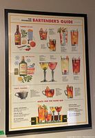 Full view of framed bartending print showing recipes and illustrations for whiskey and gin drinks, punches, and bartending tips.