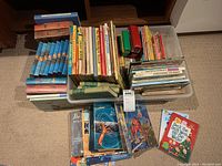 Wide assortment of children’s books stacked in plastic bins and on the floor showing various titles, formats, and sizes