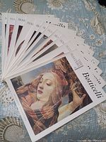 Photo showing a spread of multiple art publications from The Masters series focusing on Botticelli artwork on the cover.
